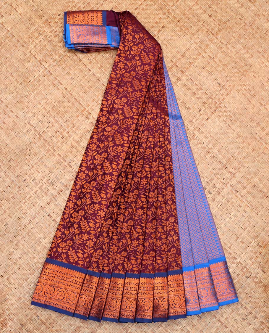 Maroon Budget Silk Saree, Graced with Floral Vine Design, Complemented by Contrast Traditional Floral Creeper Zari Border, a Jaal Pallu and a Contrast Blouse