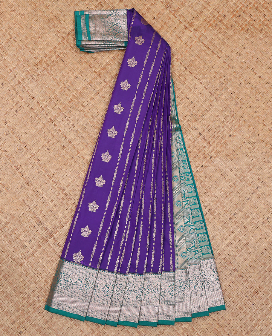 Violet Budget Silk Saree, Enriched with Zari Designs, Complemented by a Contrast Traditional Zari Border, Floral Pallu, and a Contrast Blouse