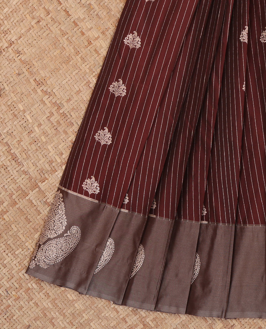 Brown Budget Silk Saree, Graced with Zari Buttas and Stripes, a Contrast Zari Border, Grand Pallu, and a Contrast Blouse