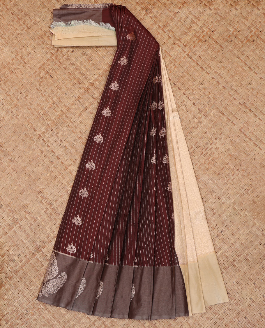 Brown Budget Silk Saree, Graced with Zari Buttas and Stripes, a Contrast Zari Border, Grand Pallu, and a Contrast Blouse