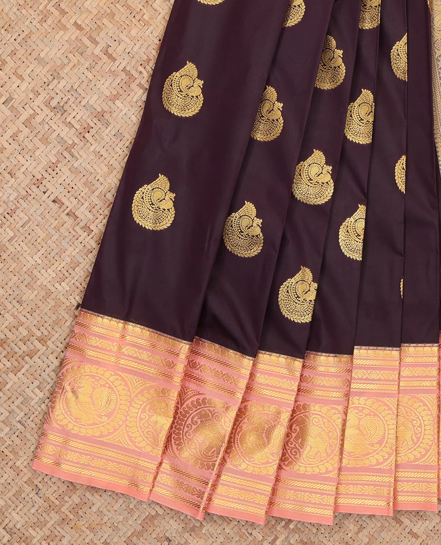 Wine Budget Silk Saree, Graced with Peacock Buttas and Stripes, Complemented by Contrast Traditional Zari Border, a Jaal Pallu and a Contrast Blouse