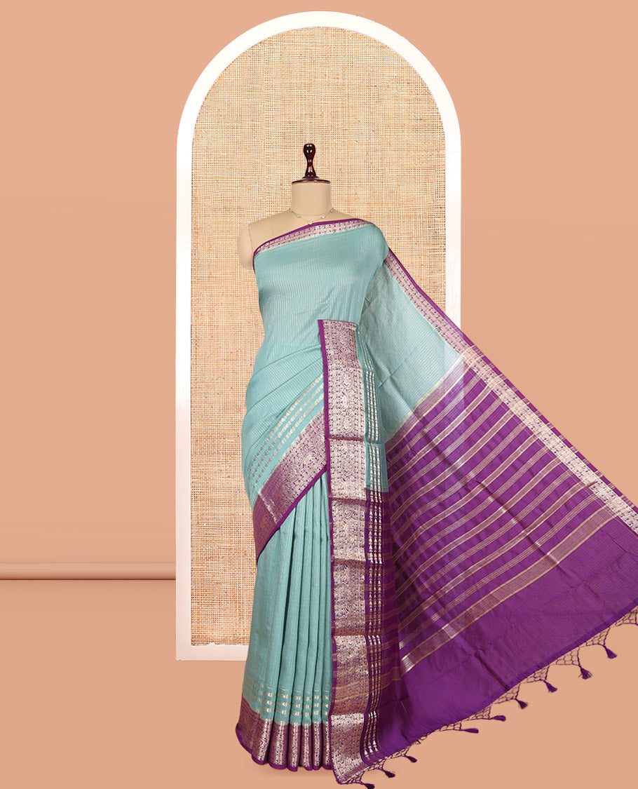 Blue Assam Silk Saree, Accentuated with Zari Stripes, Complemented by Contrast Traditional Zari Border, Zari Woven Pallu, and Contrast Blouse