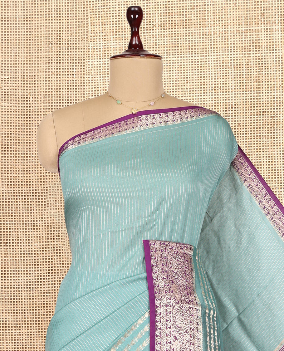 Blue Assam Silk Saree, Accentuated with Zari Stripes, Complemented by Contrast Traditional Zari Border, Zari Woven Pallu, and Contrast Blouse