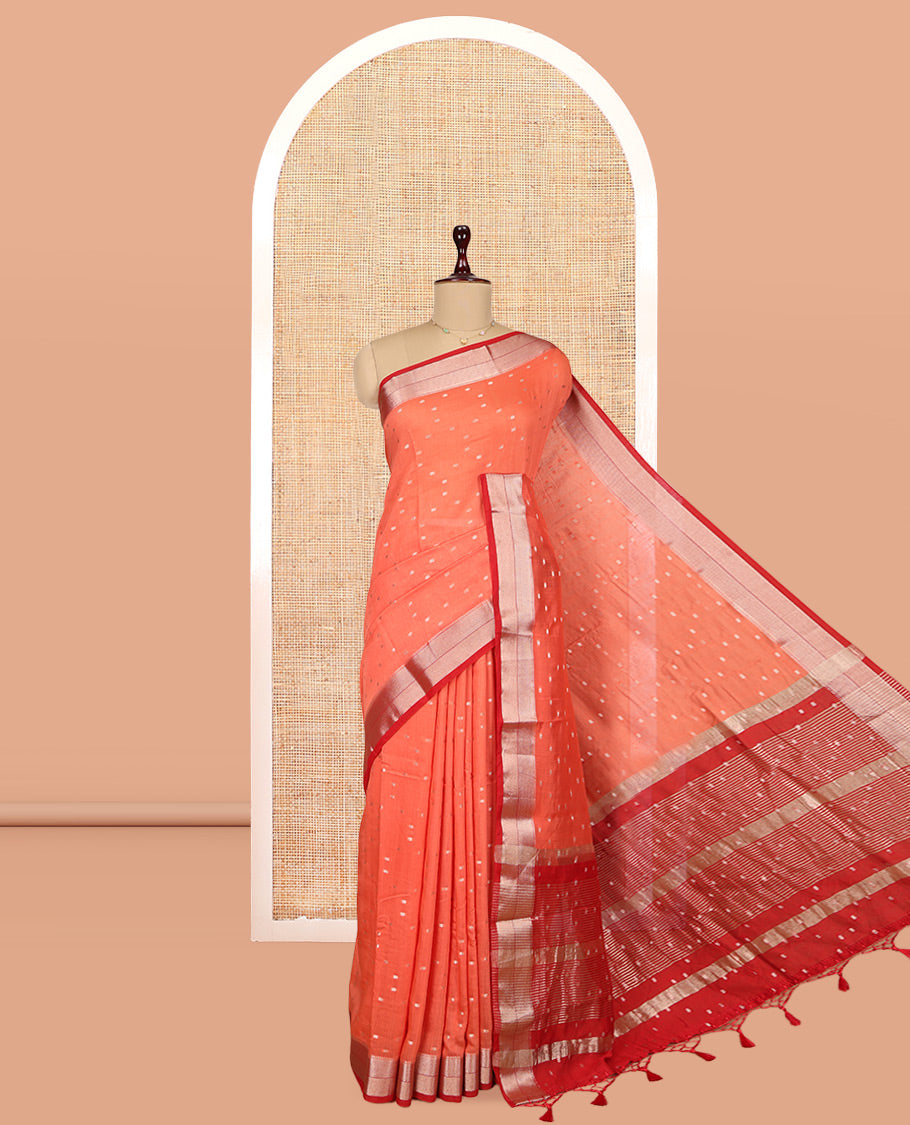 Orange Assam Silk Saree, Spotlighted with Zari Buttas, Complemented by Contrast Zari Border, Zari Woven Pallu, and Contrast Blouse