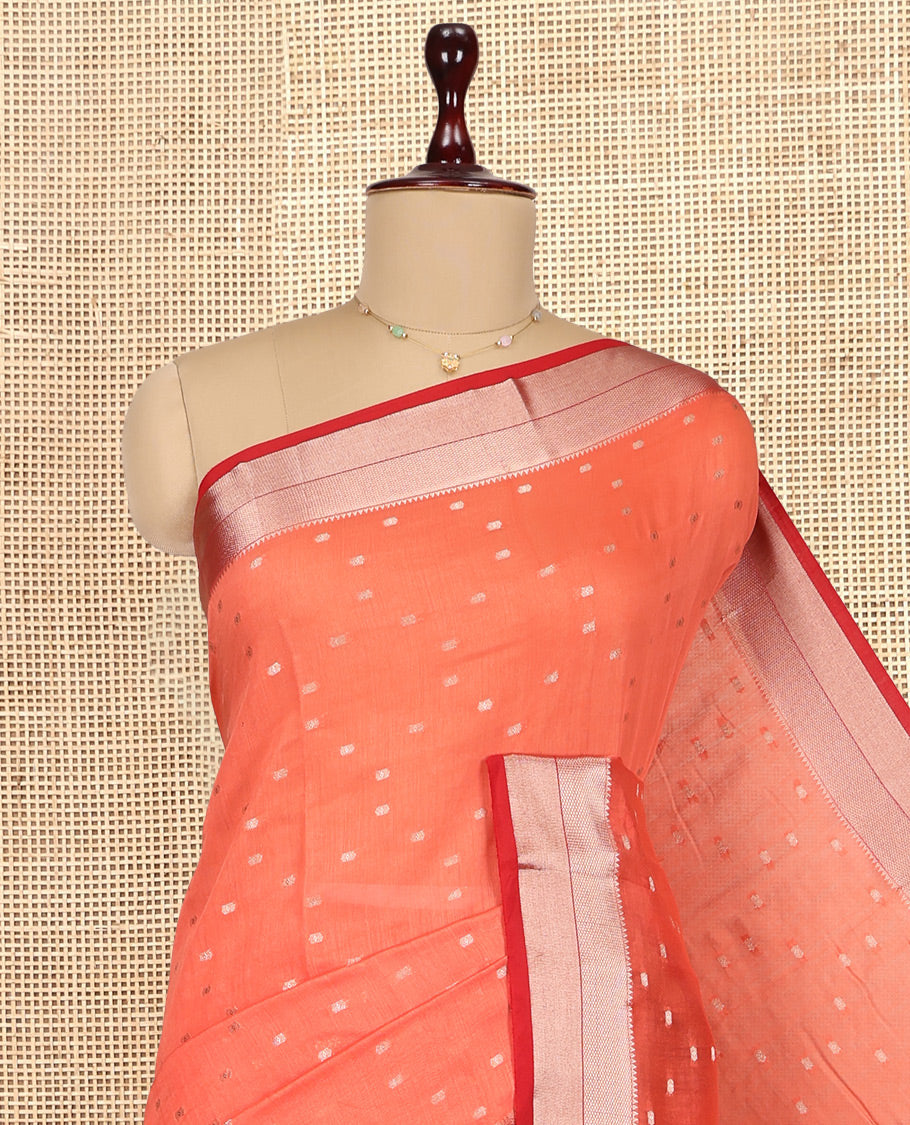 Orange Assam Silk Saree, Spotlighted with Zari Buttas, Complemented by Contrast Zari Border, Zari Woven Pallu, and Contrast Blouse