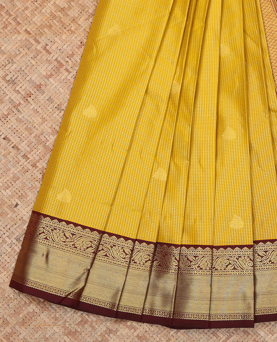 Mustard Budget Silk Saree, Woven with Zari Buttas and Checks, a Contrast Traditional Zari Border, Grand Pallu, and a Contrast Blouse