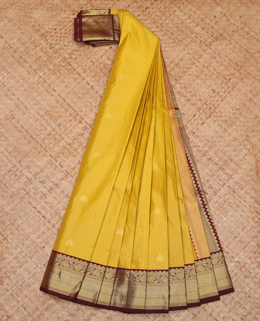 Mustard Budget Silk Saree, Woven with Zari Buttas and Checks, a Contrast Traditional Zari Border, Grand Pallu, and a Contrast Blouse