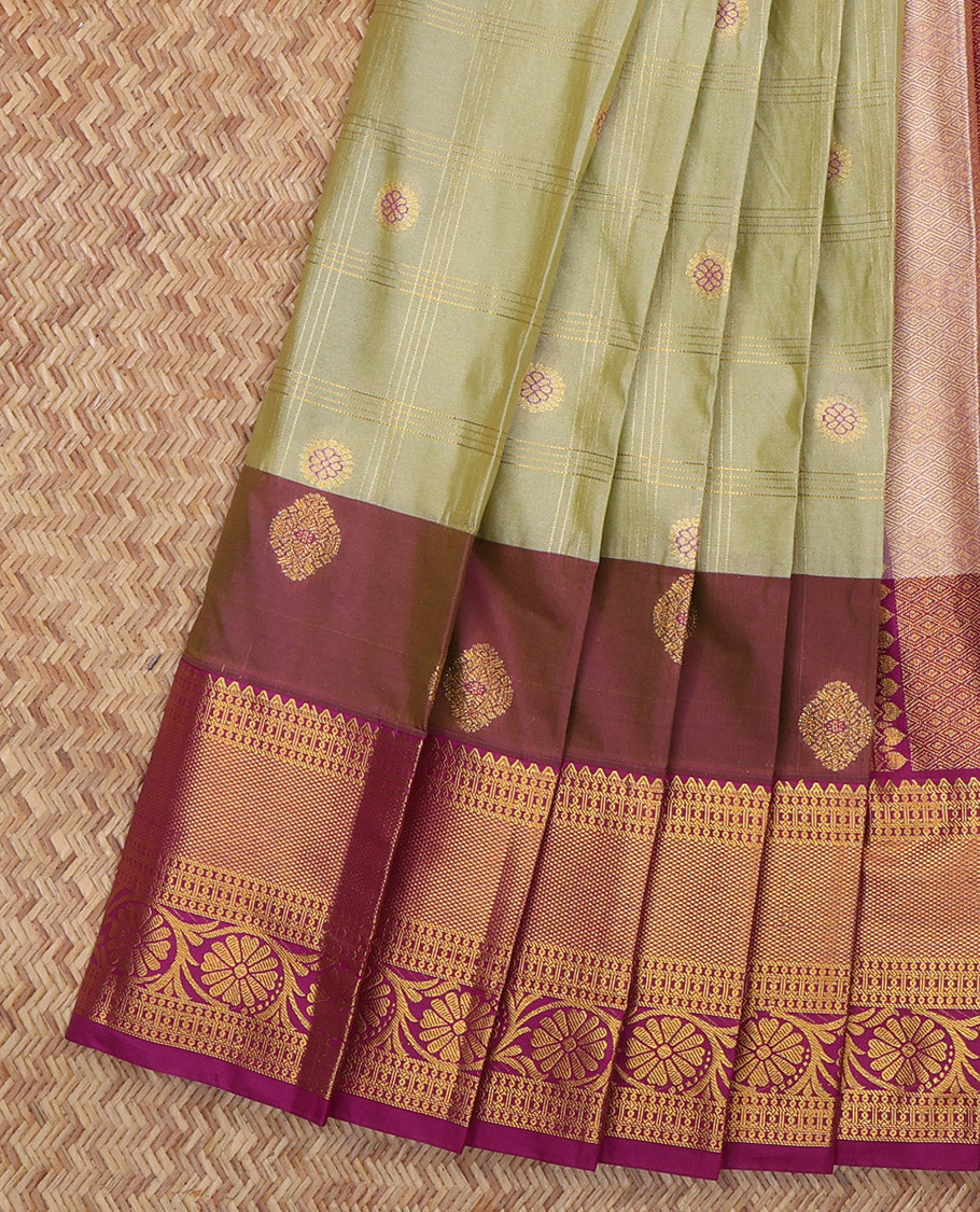 Green Budget Silk Saree, Graced with Zari Butta Enclosed Checks, Complemented by a Contrast Traditional Zari Border, Grand Jaal Pallu, and Contrast Blouse