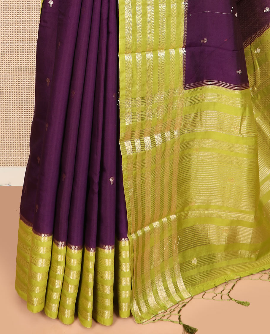 Purple zari buttas assam silk saree, contrast traditional zari motifs woven border, and zari striped pallu