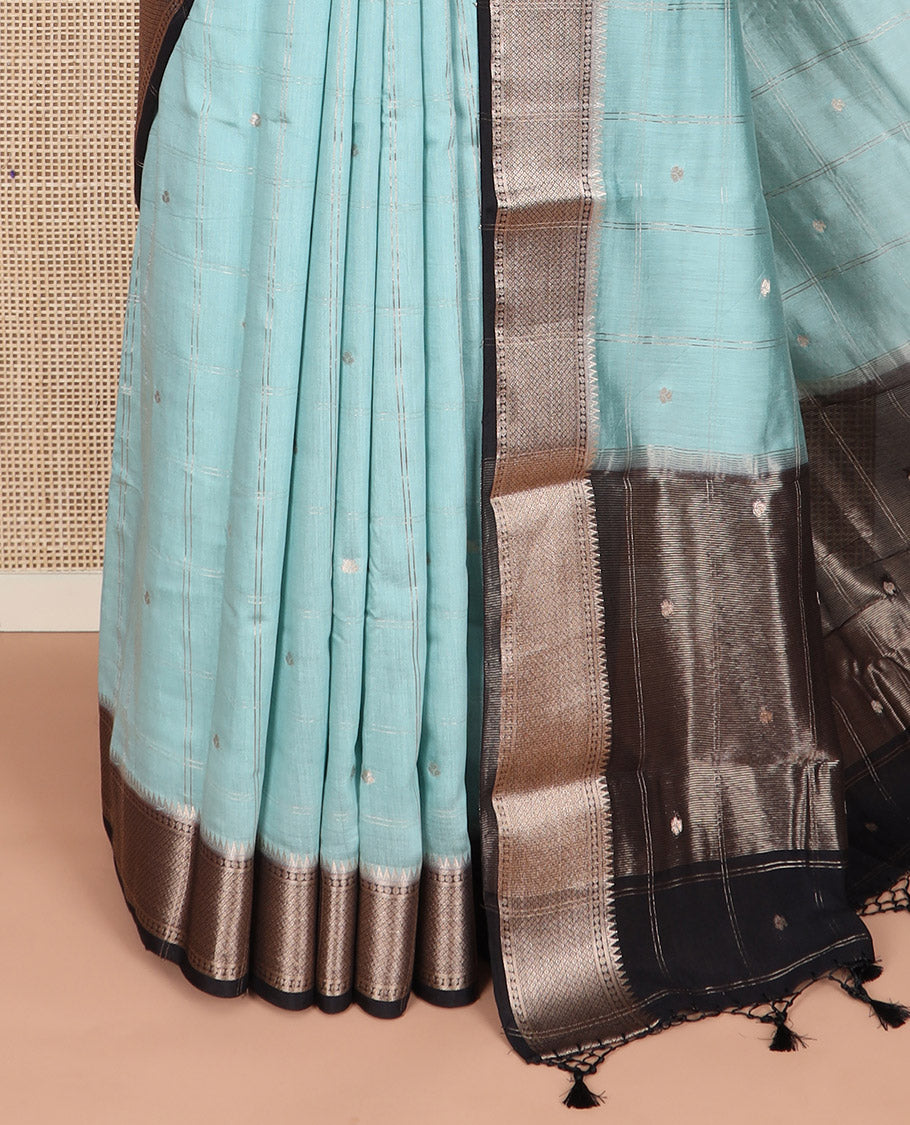 Blue zari butta enclosed checked Assam silk saree, contrast traditional zari design border, and pallu of zari design