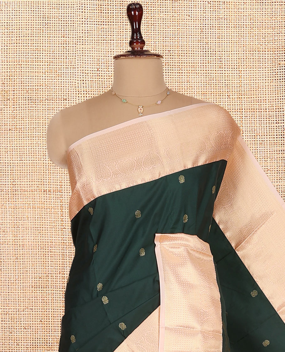 Deep Green Budget Silk Saree, Decorated with Zari Buttas on Its Body, Complemented by a Contrast Traditional Zari Design Border, Intricate Pallu, and Paired with a Contrast Blouse