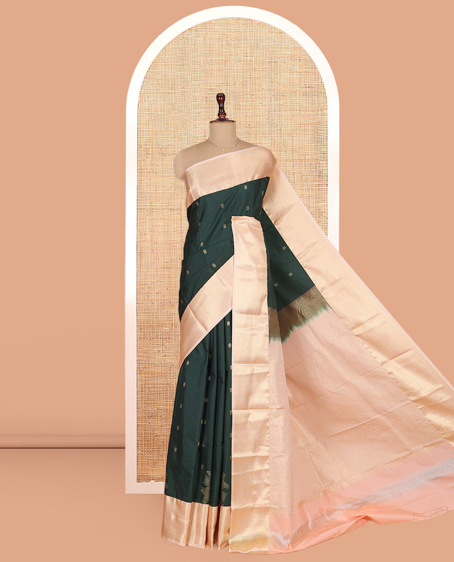 Deep Green Budget Silk Saree, Decorated with Zari Buttas on Its Body, Complemented by a Contrast Traditional Zari Design Border, Intricate Pallu, and Paired with a Contrast Blouse