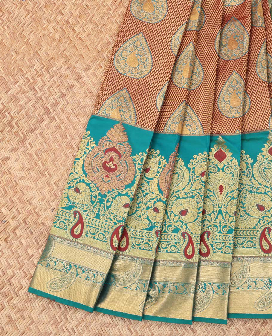 Maroon Budget Silk Saree, Graced with Jacquard Design, Complemented by Contrast Traditional Zari Woven Skirt Border, a Grand Pallu and a Contrast Blouse
