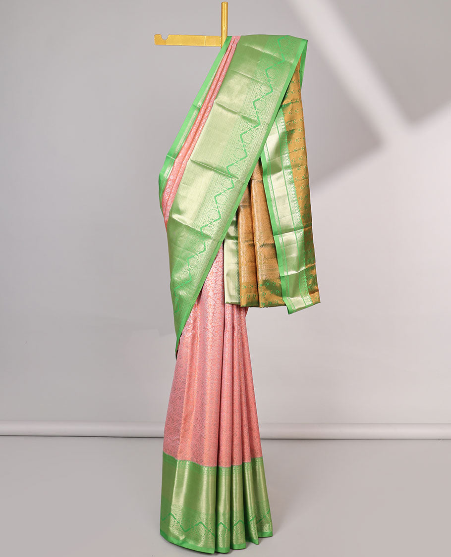 Pink jacquard budget silk saree, contrast traditional zari design border & jaal pallu
