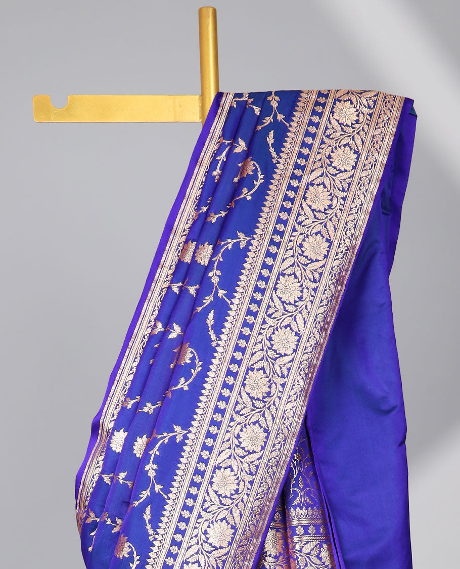 Blue leaf vine design banaras silk saree with self zari design border & floral zari design pallu