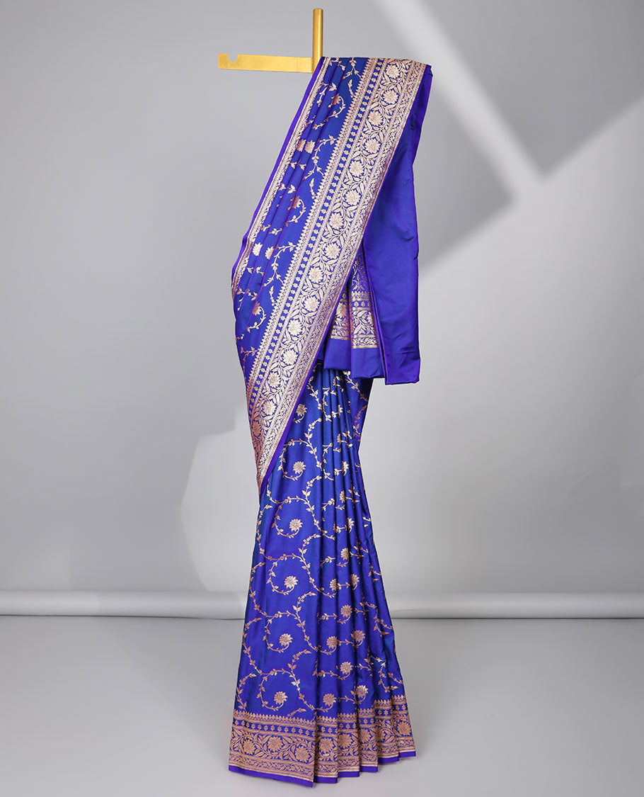 Blue leaf vine design banaras silk saree with self zari design border & floral zari design pallu