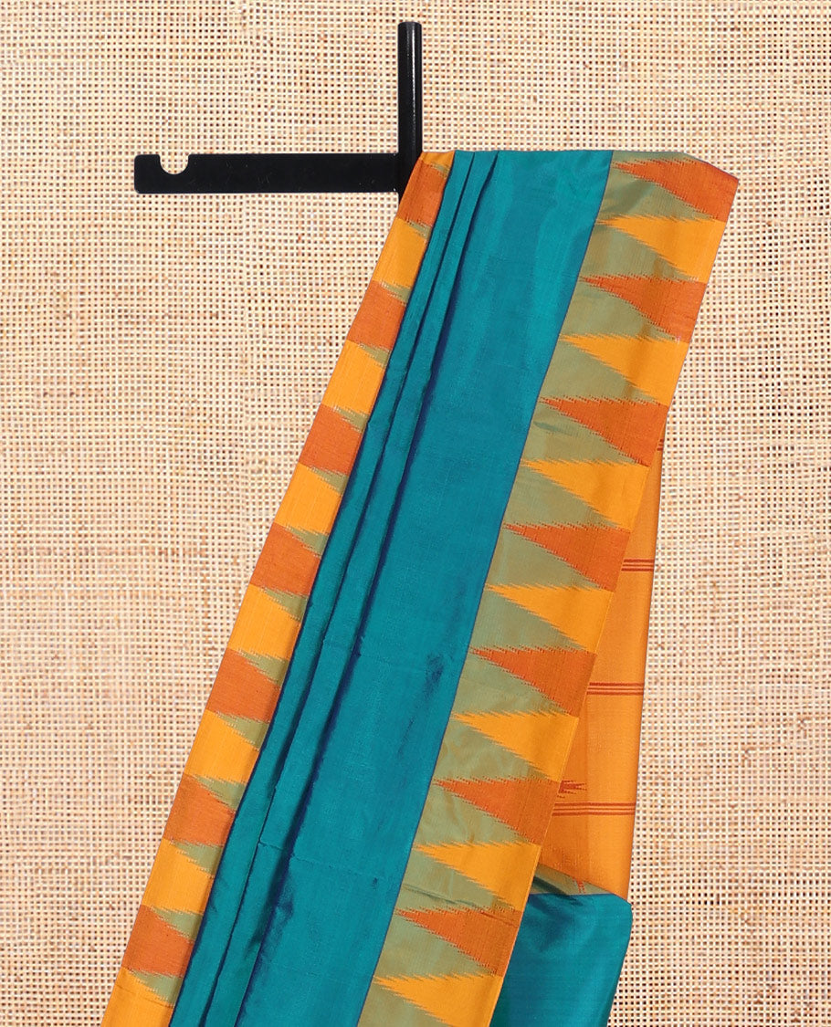 Blue Plain Bangalore Silk Saree, Complemented by a Contrast Temple Border, Striped Pallu, and Contrast Blouse