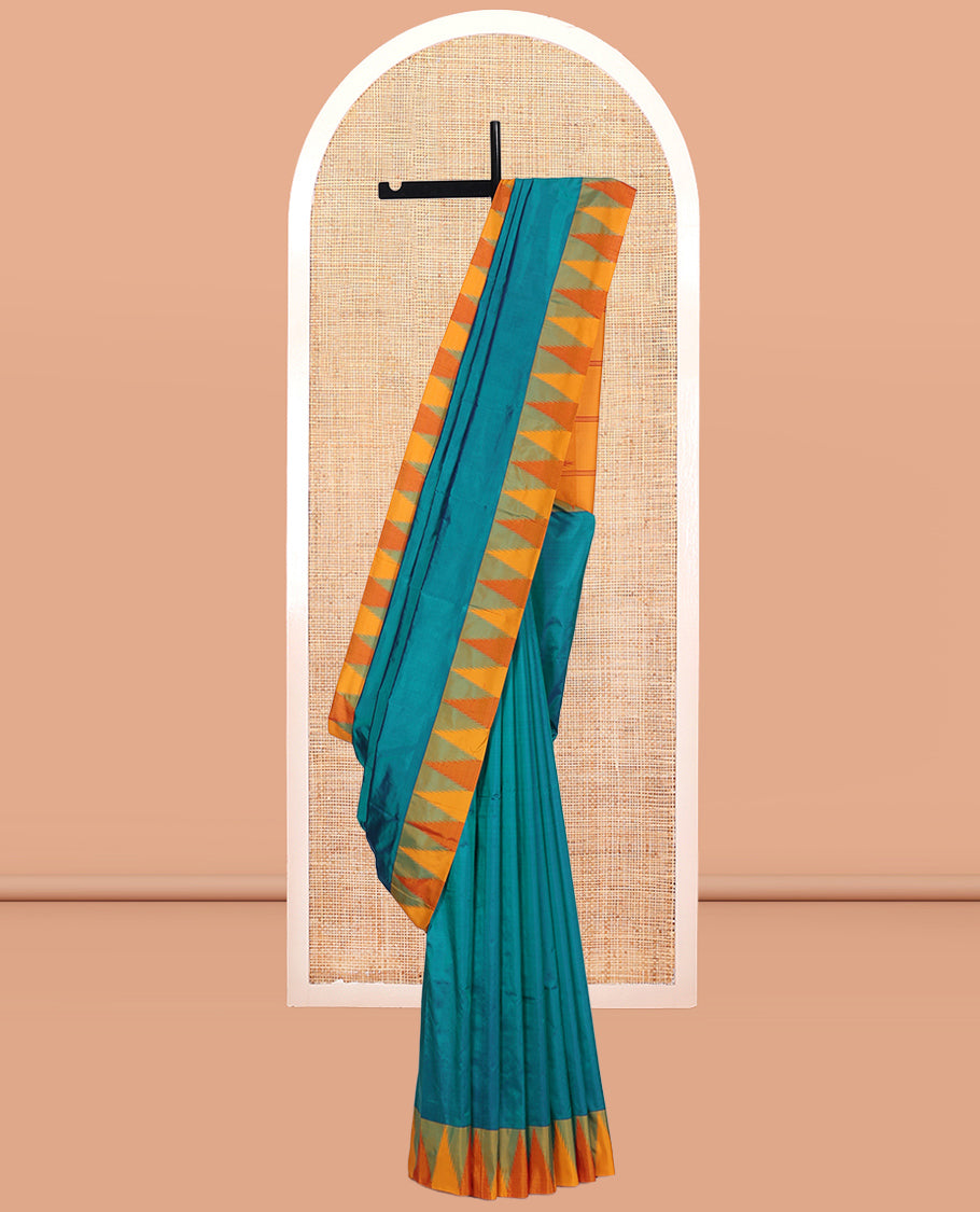 Blue Plain Bangalore Silk Saree, Complemented by a Contrast Temple Border, Striped Pallu, and Contrast Blouse