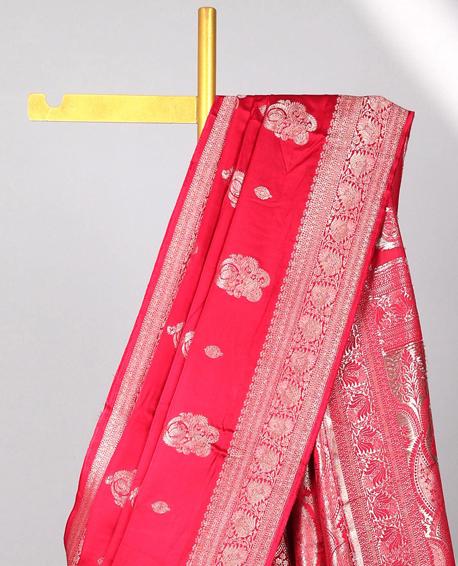 Red motifs satin silk saree with self zari design border & floral zari design pallu