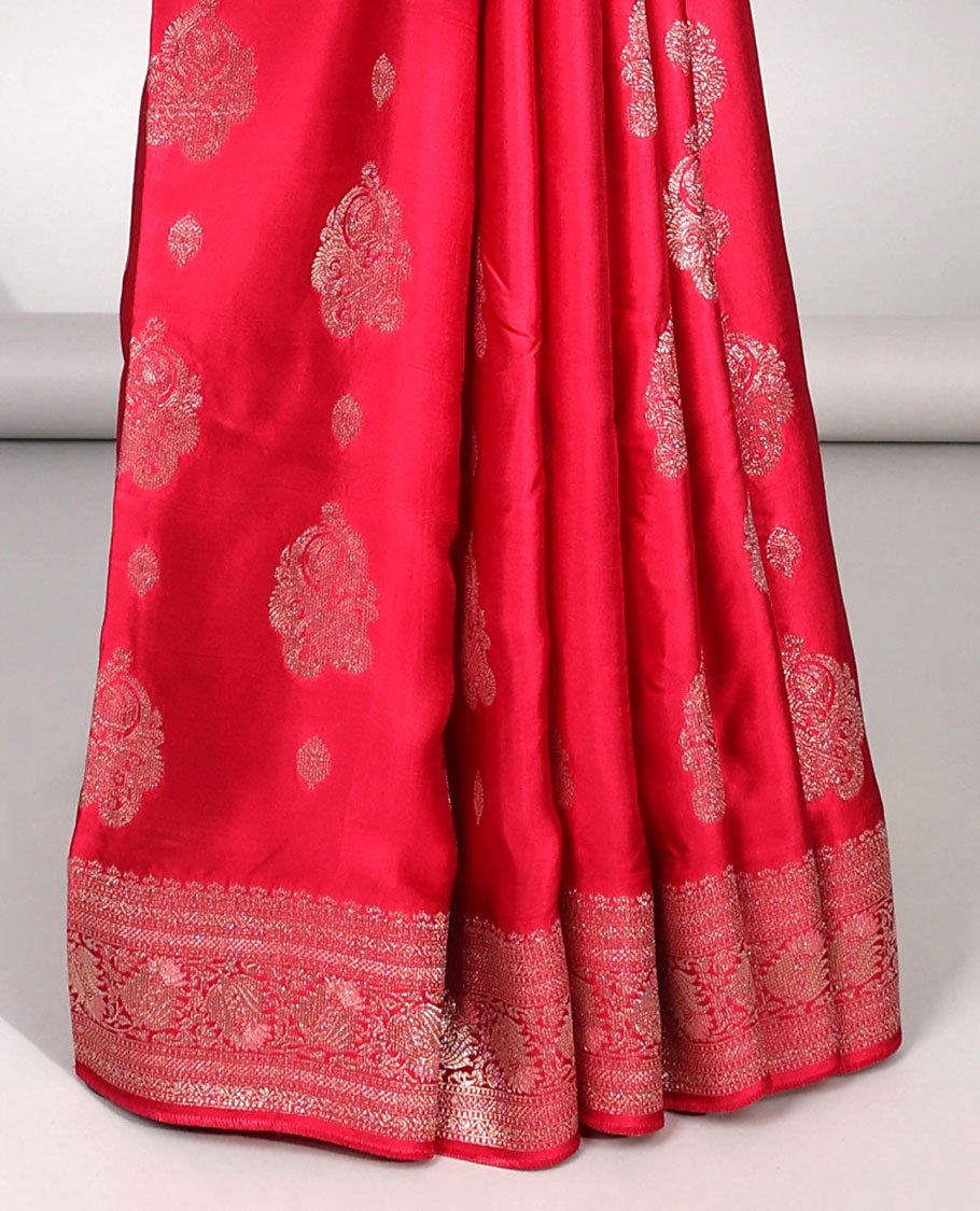 Red motifs satin silk saree with self zari design border & floral zari design pallu
