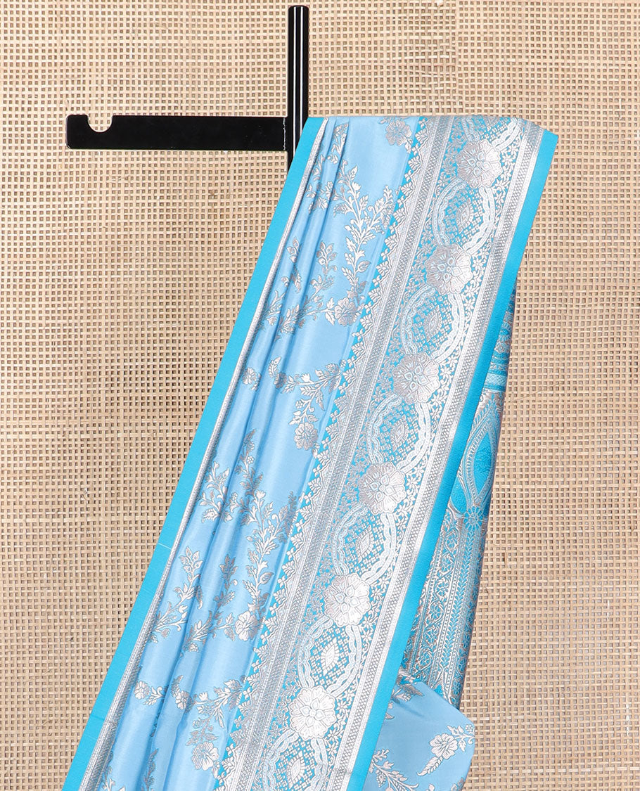 Light blue floral jaal design butter silk saree with self intricate zari design border & floral design pallu