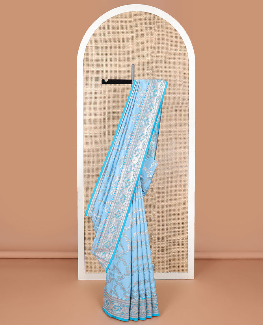 Light blue floral jaal design butter silk saree with self intricate zari design border & floral design pallu