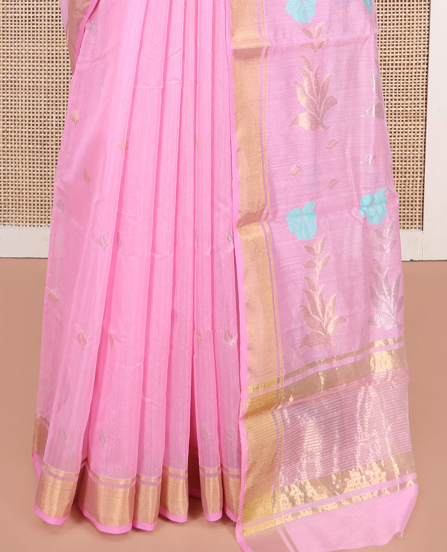 Pink Chanderi Cotton Saree, Decked Up with Zari Buttas All Over Its Body, Highlighted by a Zari Border, Pallu of Zari Stripes and Floral Buttas, and Paired with a Matching Blouse