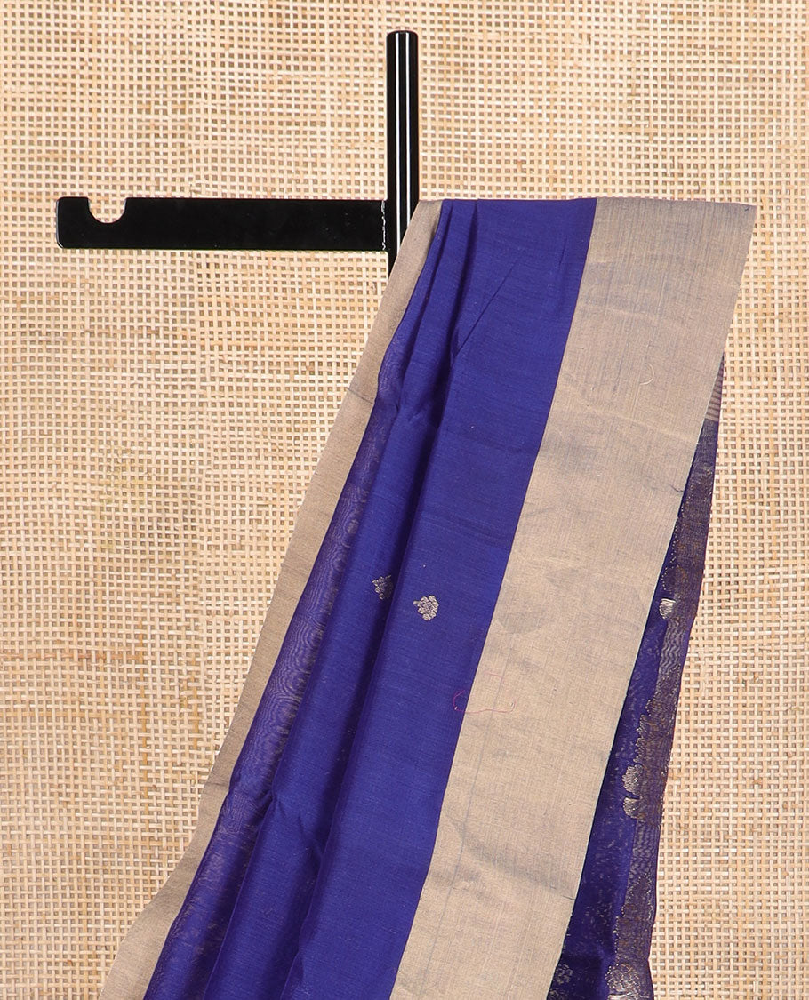 Blue floral motifs chanderi cotton saree with self zari border & striped, floral design pallu
