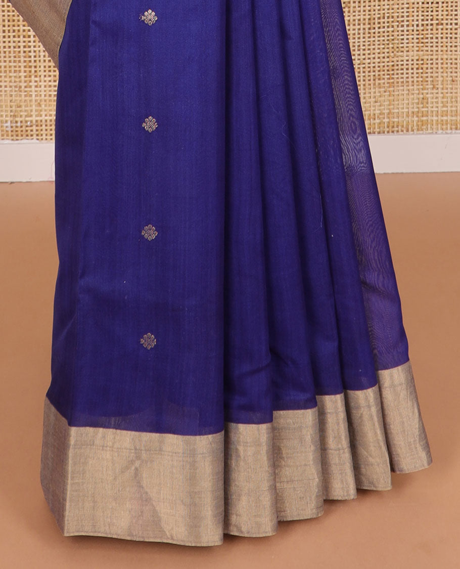 Blue floral motifs chanderi cotton saree with self zari border & striped, floral design pallu