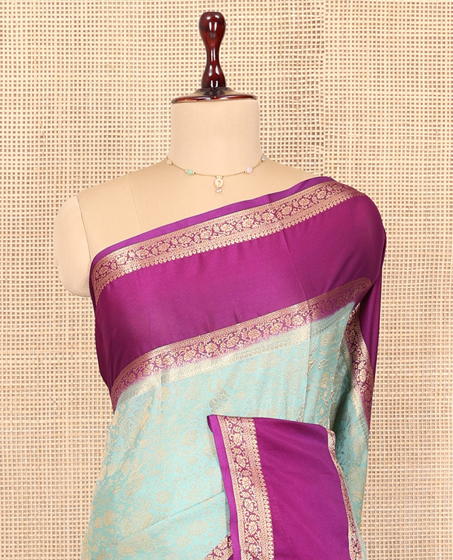Turquoise Fancy Crepe Saree, Mesmerized with Floral Vine and Peacock Design, Complemented by a Contrast Traditional Zari Design Border, Intricately Designed Pallu, and Contrast Blouse