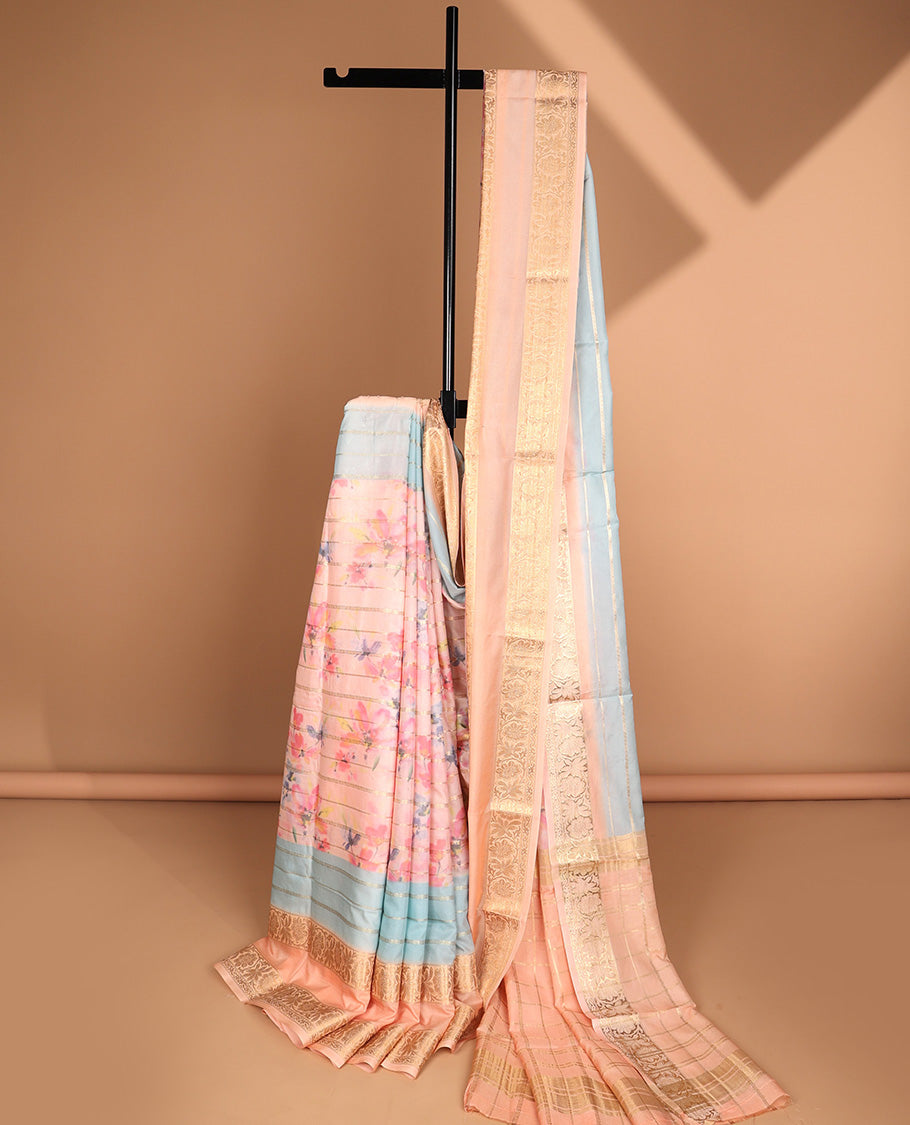 Multi-color floral printed & zari striped semi-banaras crepe saree, contrast floral creeper zari border & striped pallu