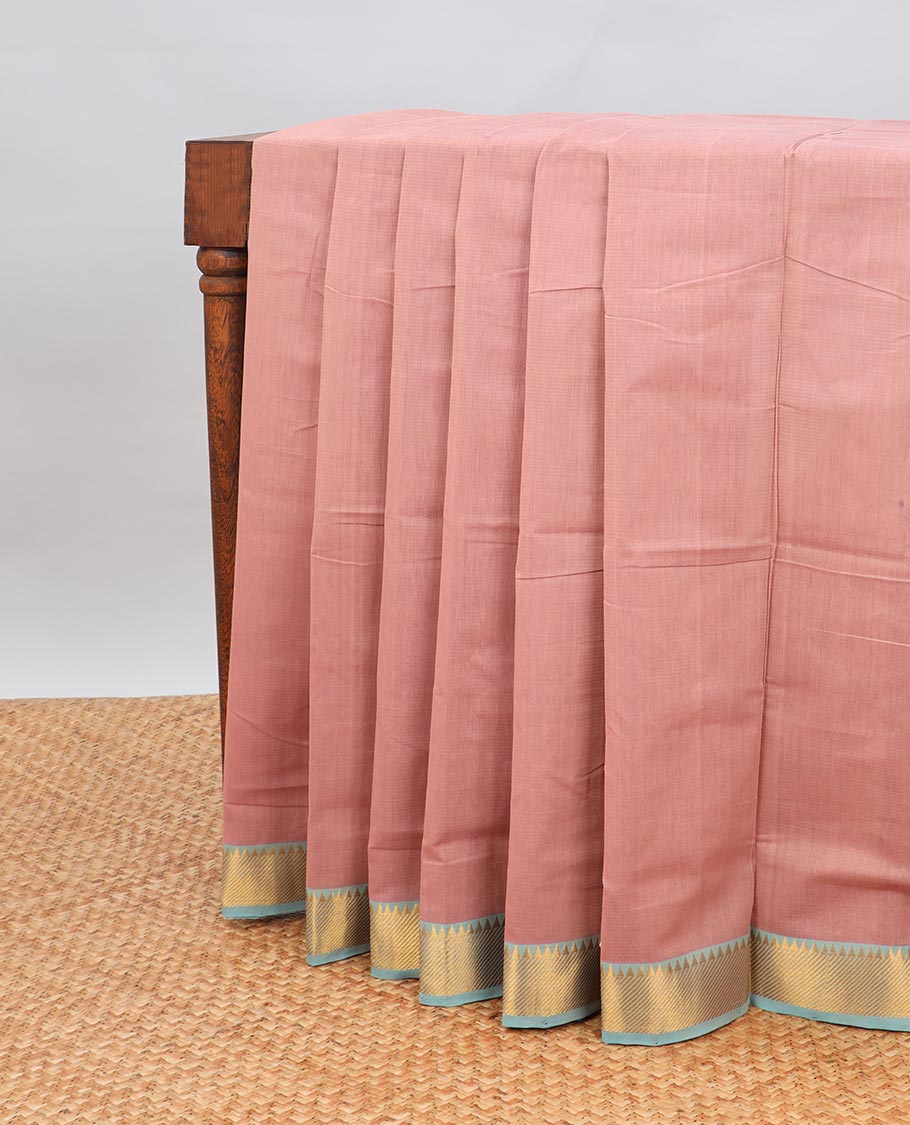 baby pink mangalagiri cotton saree with contrast zari design border & striped pallu