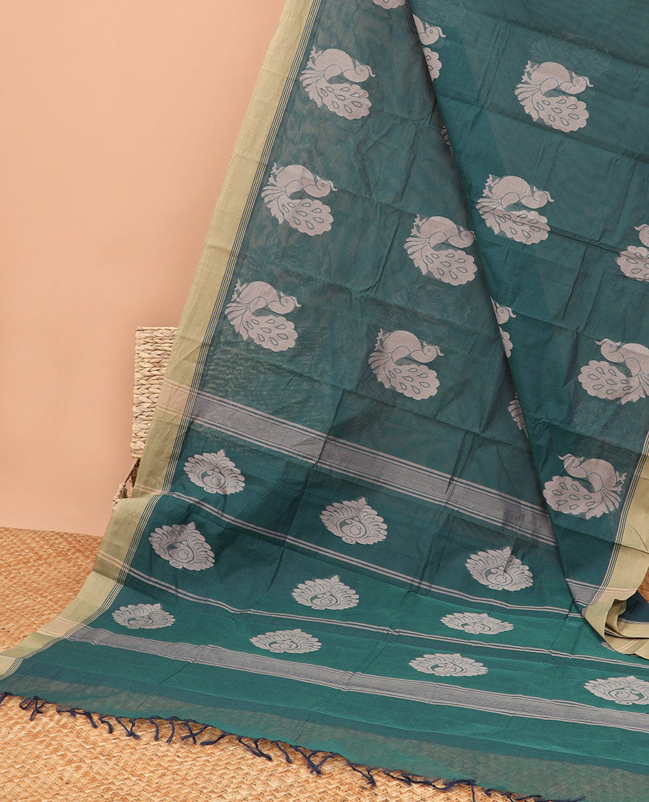 Dark green peacock motifs kanchi cotton saree with contrast striped border & floral motifs, striped pallu