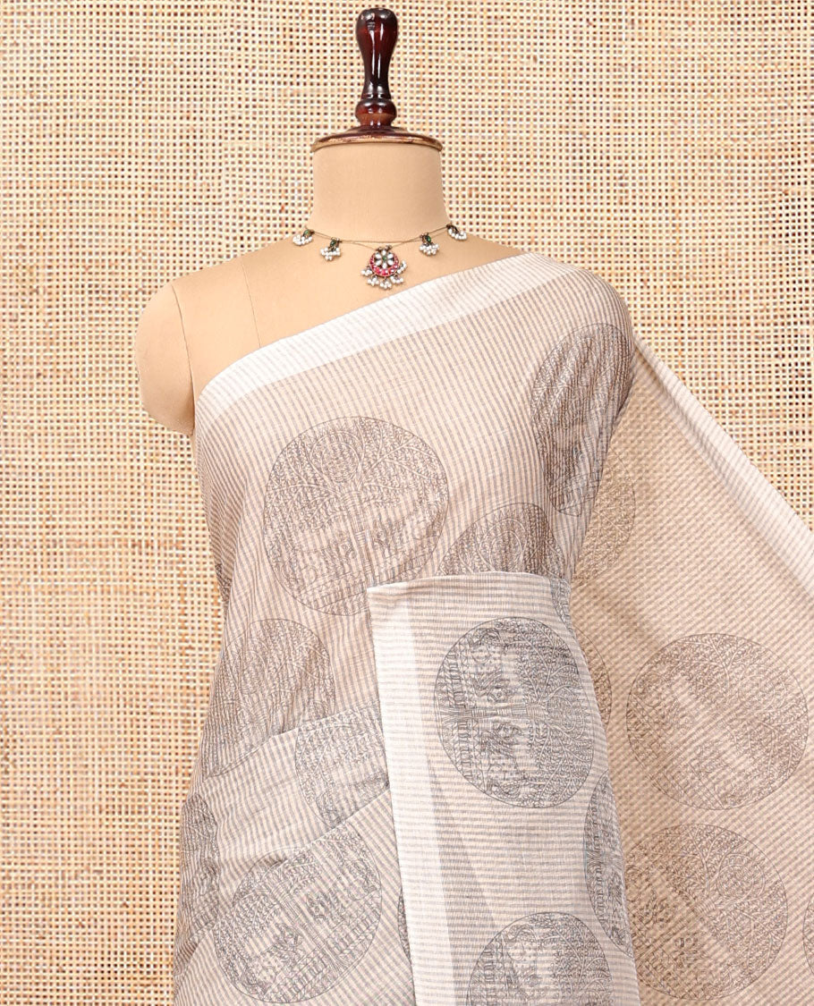 Beige Jute Cotton Saree, Sparsely Sparkled with Round Motifs and Stripes, Striped Pallu, and a Contrast Blouse