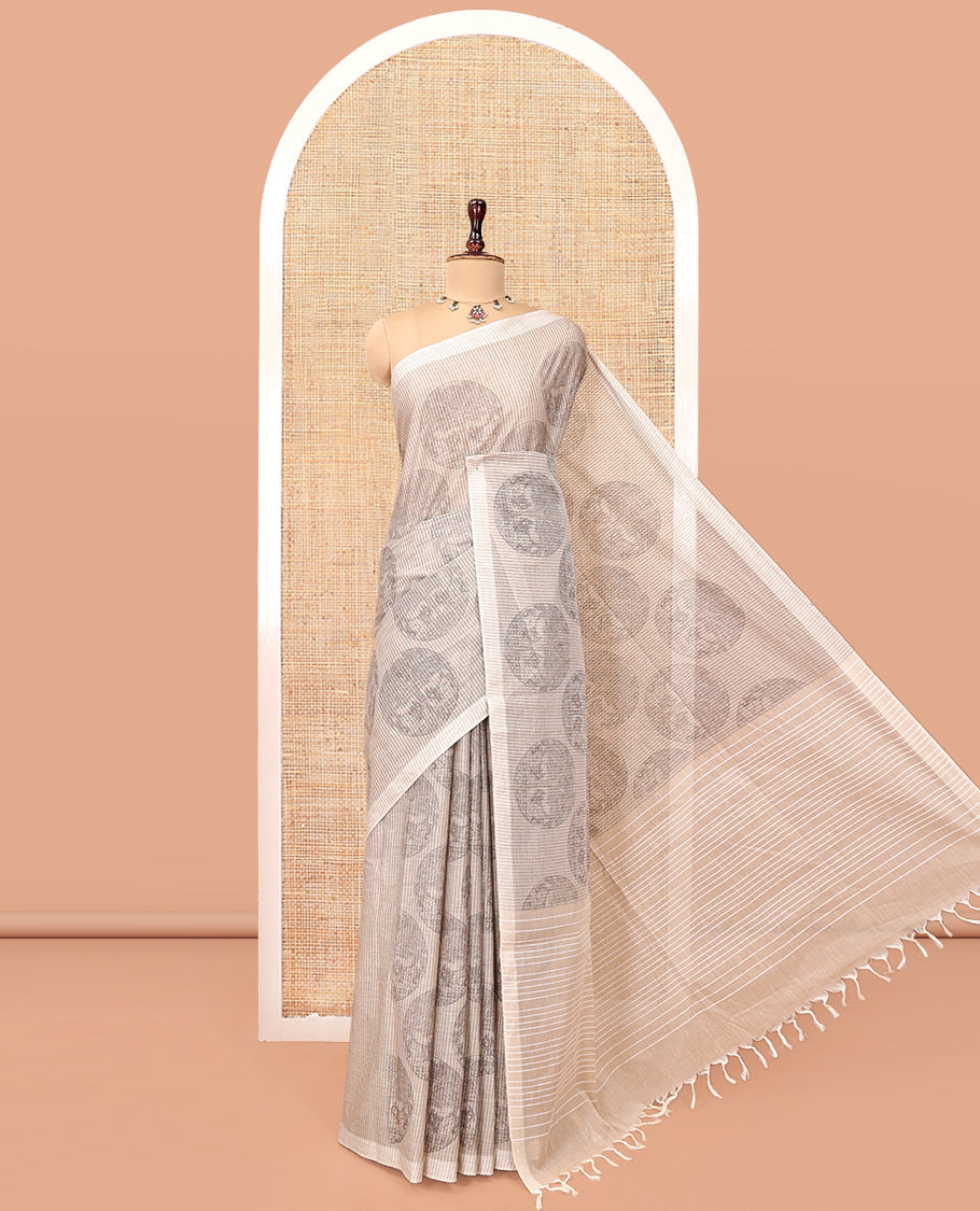 Beige Jute Cotton Saree, Sparsely Sparkled with Round Motifs and Stripes, Striped Pallu, and a Contrast Blouse