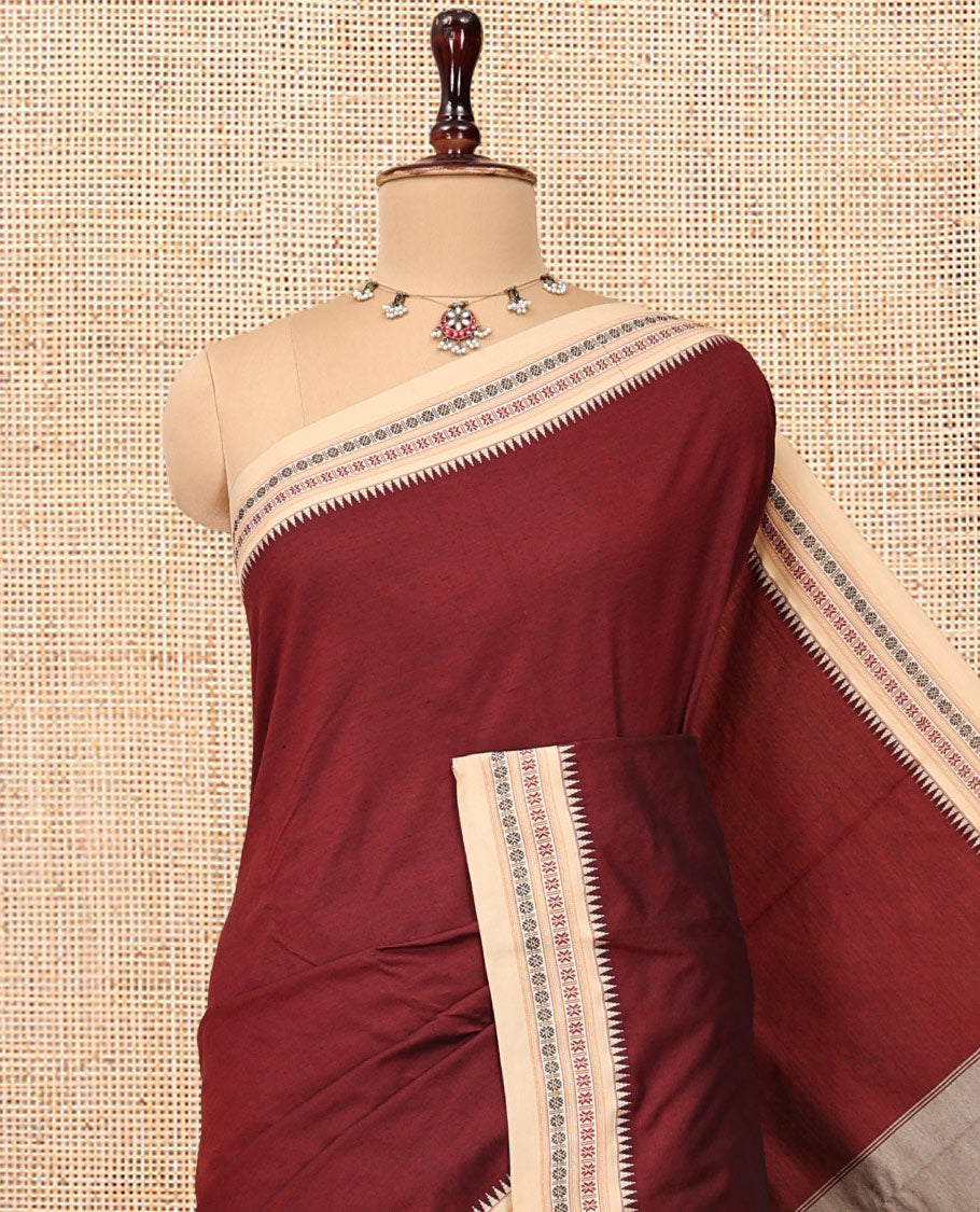 Maroon Plain Narayanpet Cotton Saree, Complemented by a Contrast Traditional Thread Temple Border, Striped Pallu, and a Matching Blouse