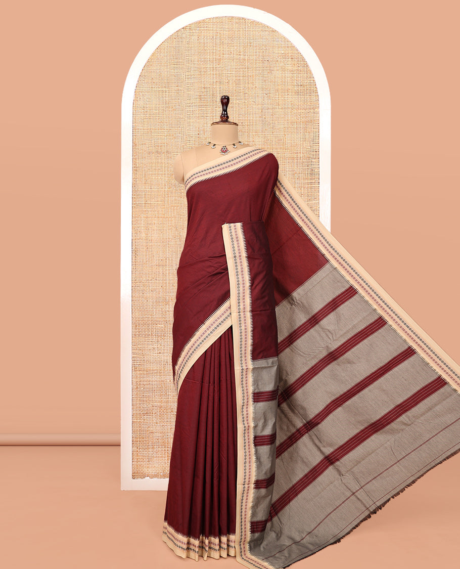Maroon Plain Narayanpet Cotton Saree, Complemented by a Contrast Traditional Thread Temple Border, Striped Pallu, and a Matching Blouse