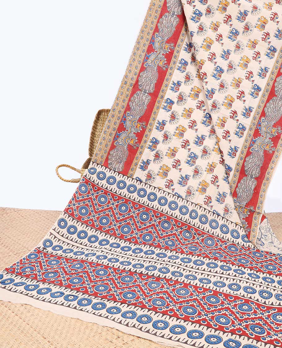 Cream animal motifs machine printed kalamkari cotton saree, contrast peacock border & intricate pallu