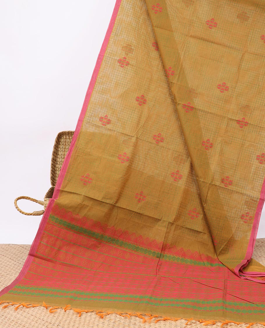 Green checked & buttas Coimbatore cotton saree, contrast plain border & geometric design pallu