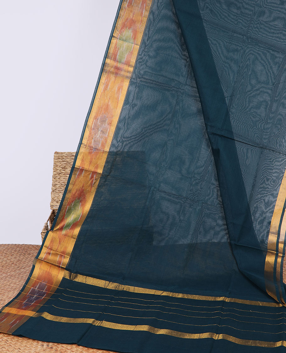Dark blue venkatagiri cotton saree with self floral design border & striped pallu