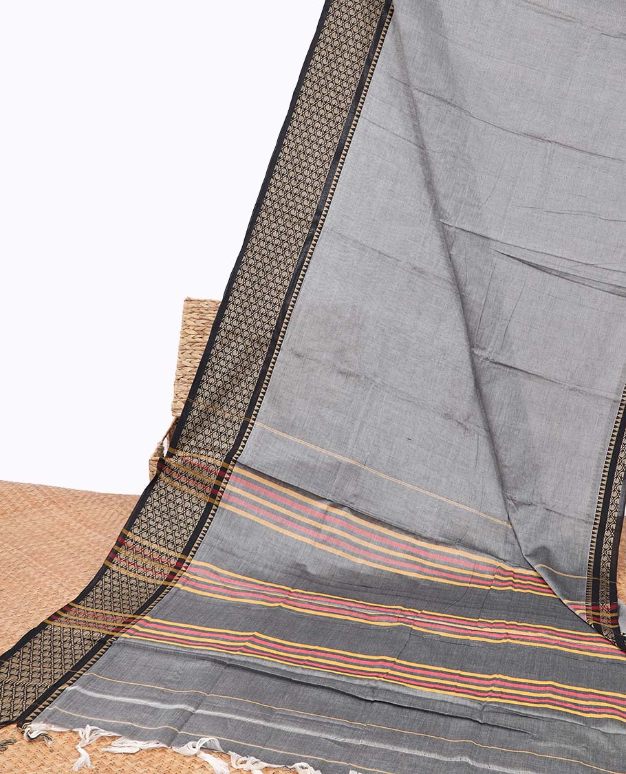 Grey narayanapet cotton saree with contrast checked design border & striped pallu