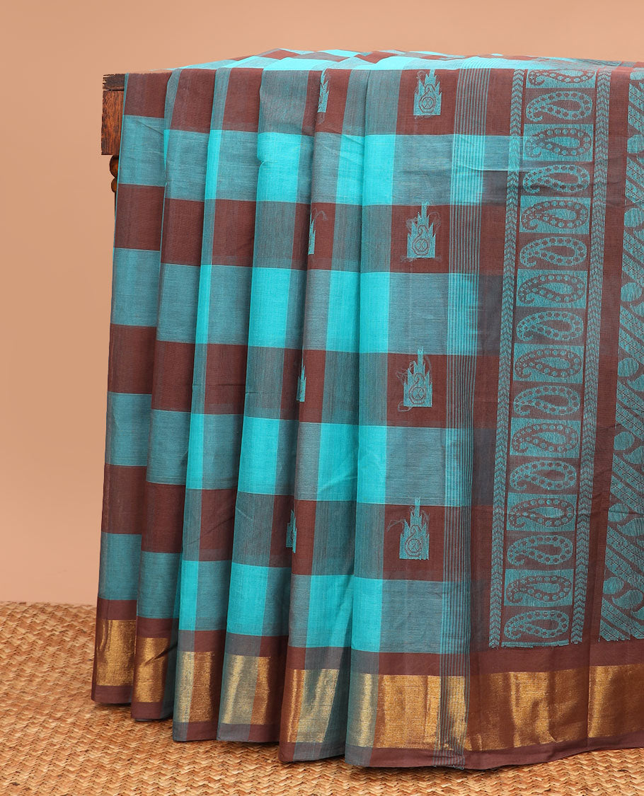 Multi-color temple buttas enclosed checked Kanchi cotton saree, zari border, and pallu of paisley designs pallu