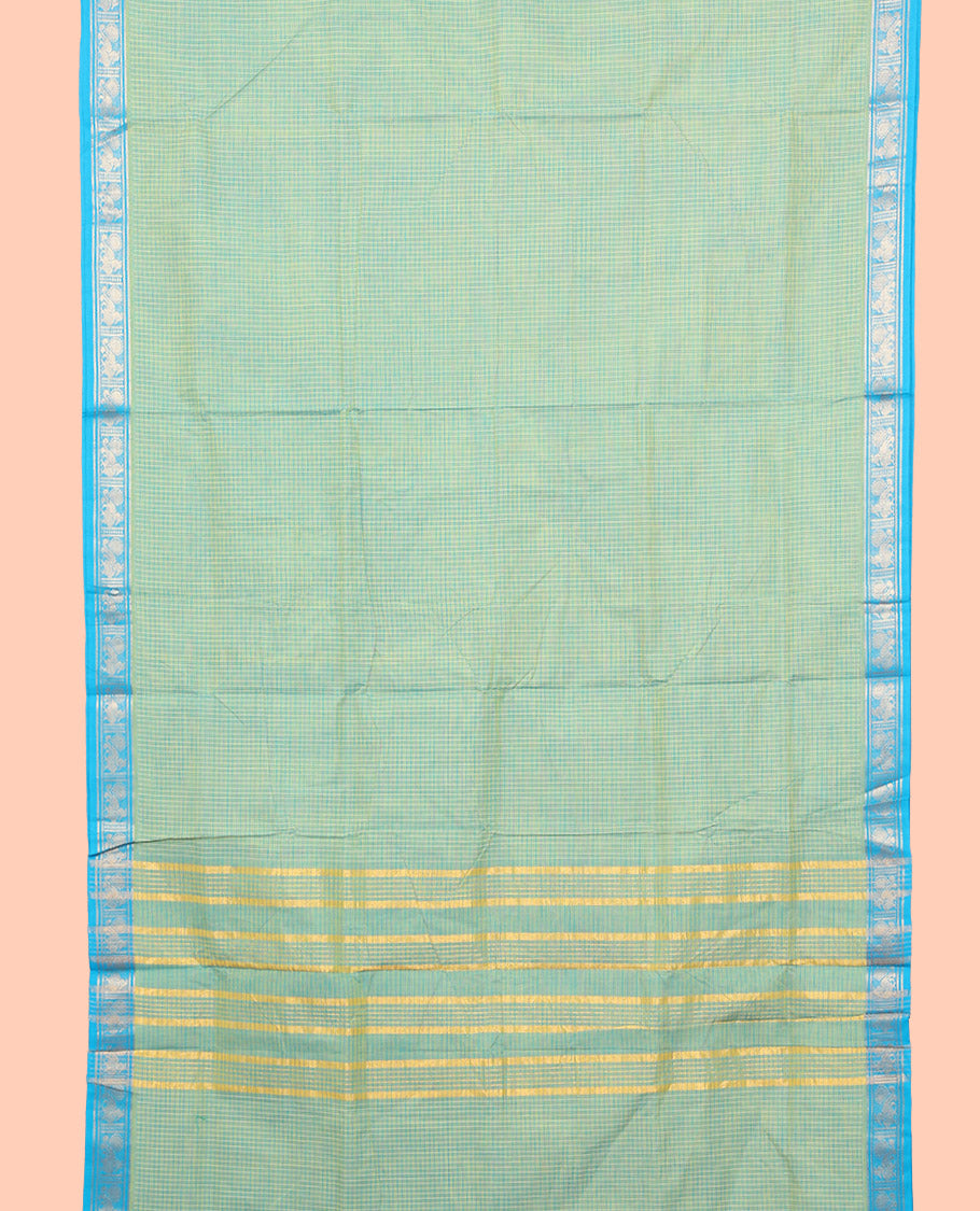 Blue Nine Yard Cotton Saree, Elevated with Checked Design All Over Its Body, Complemented by Contrast Zari Peacock Motifs Border, Striped Pallu, and Comes Without a Blouse