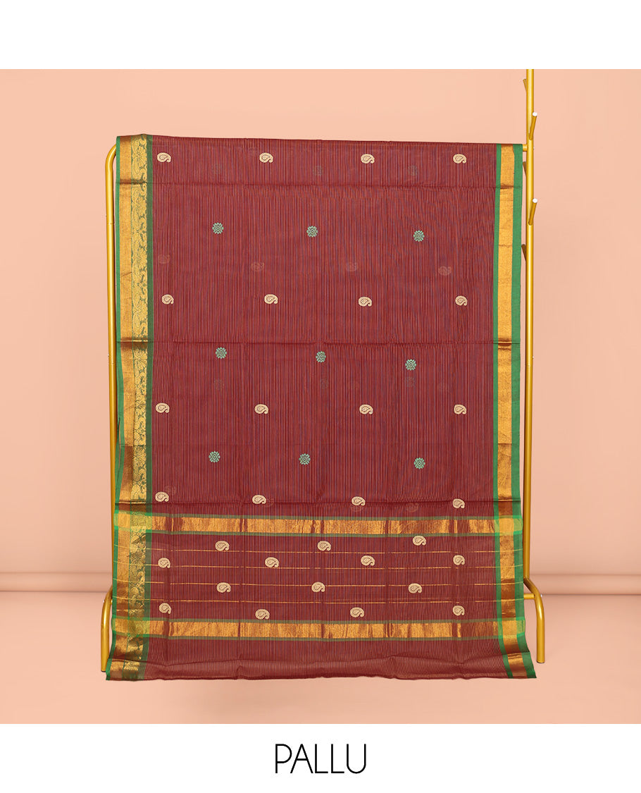 Red Venkatagiri Cotton Saree, Subtly Woven with Buttas, a Contrast Traditional Zari Border, Pallu of Buttas and Stripes, and No Blouse
