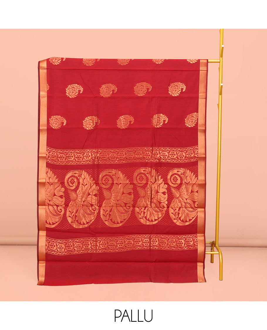 Red Semi-Silk Cotton Saree, Elevated with Paisley Zari Buttas All Over Its Body, Highlighted by a Zari Border, Pallu of Floral and Paisley Design, and Paired with a Matching Blouse