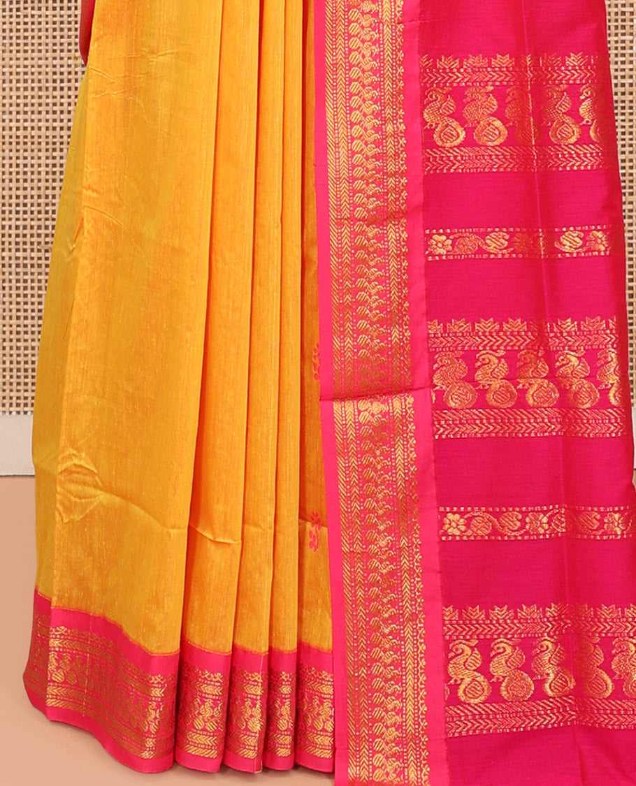 Yellow Kalyani Cotton Saree, Woven with Thread Buttas, Complemented by a Contrast Traditional Border, Traditional Pallu, and a Contrast Blouse