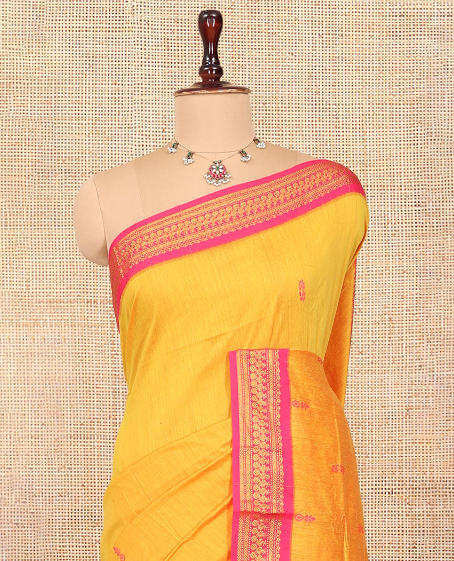 Yellow Kalyani Cotton Saree, Woven with Thread Buttas, Complemented by a Contrast Traditional Border, Traditional Pallu, and a Contrast Blouse