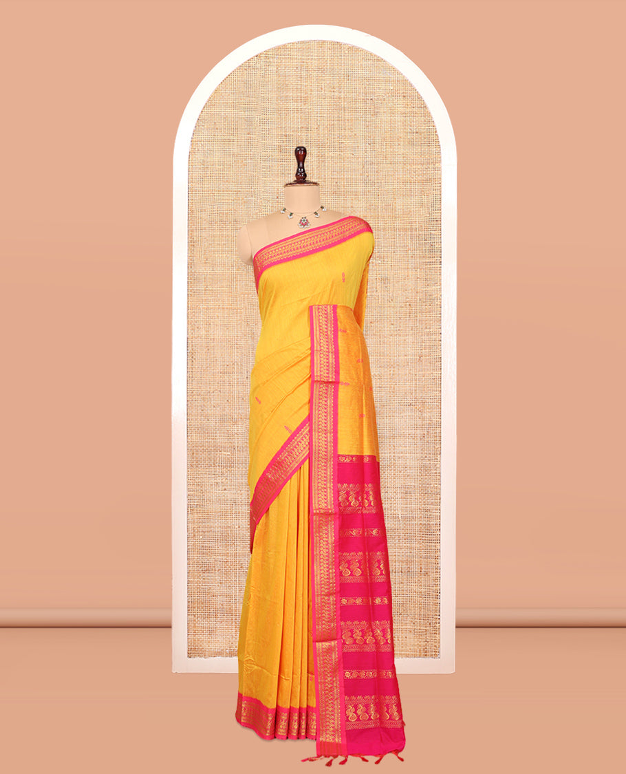 Yellow Kalyani Cotton Saree, Woven with Thread Buttas, Complemented by a Contrast Traditional Border, Traditional Pallu, and a Contrast Blouse