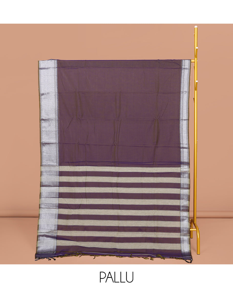 Brown Plain Narayanpet Cotton Saree, Complemented by a Contrast Traditional Zari Design Border, Striped Pallu, and Comes Without a Blouse