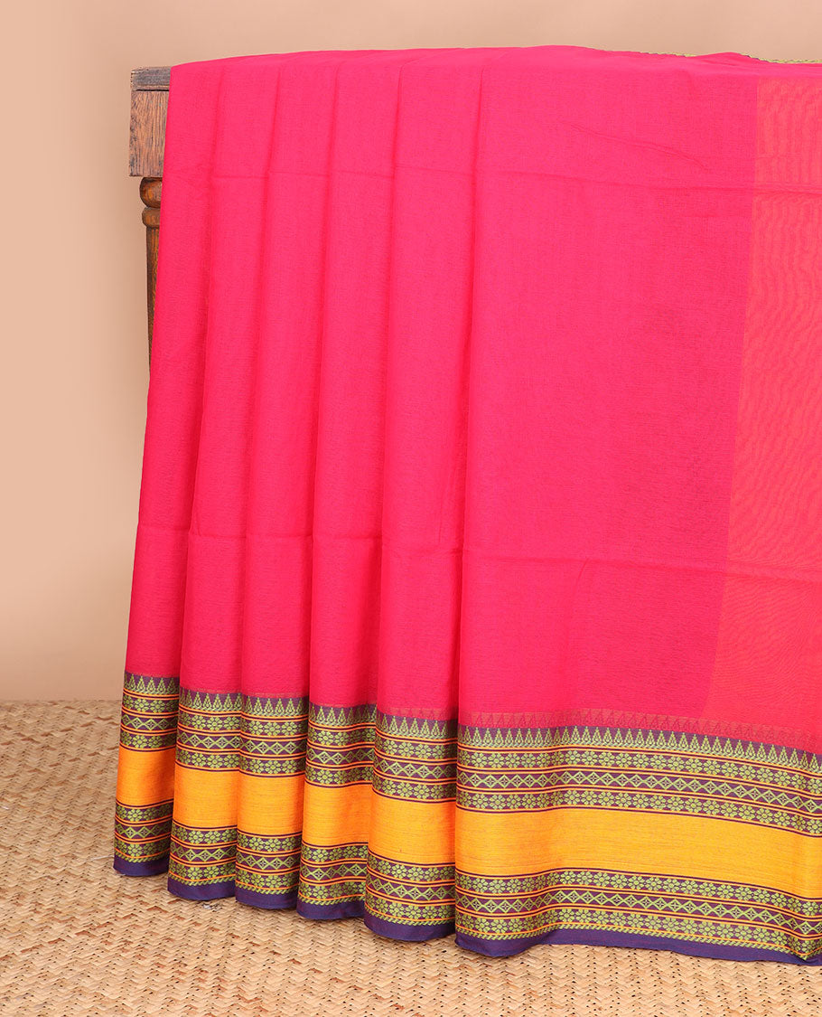 Pink narayanapet cotton saree with contrast traditional design border & striped pallu